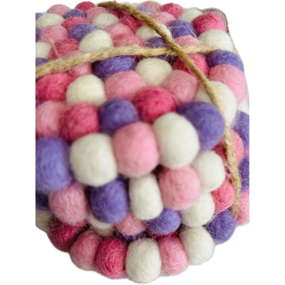 Pink Purple & White Felt Ball Four Piece Coaster Set Kitchen Dining Table Decor